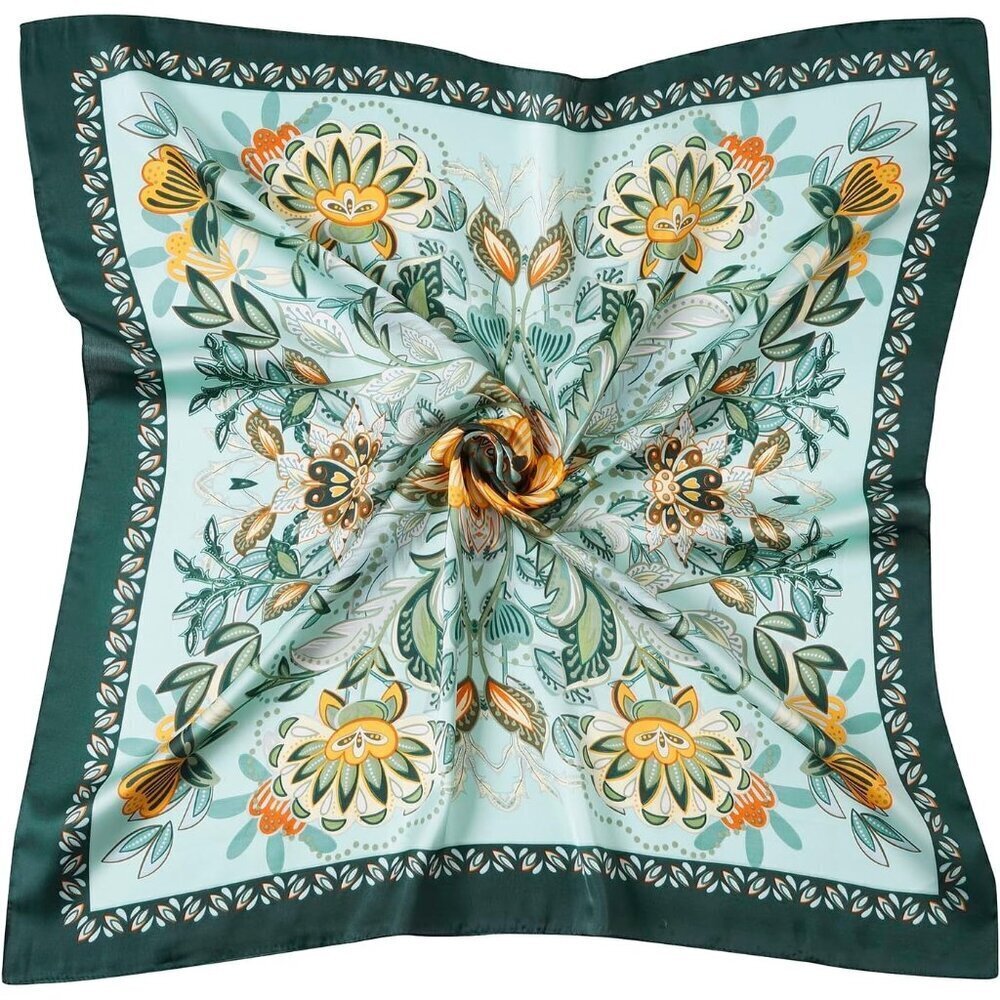 Women Blue Flower Headscarf Satin Bandana Pattern Polyester Breathable Scarves